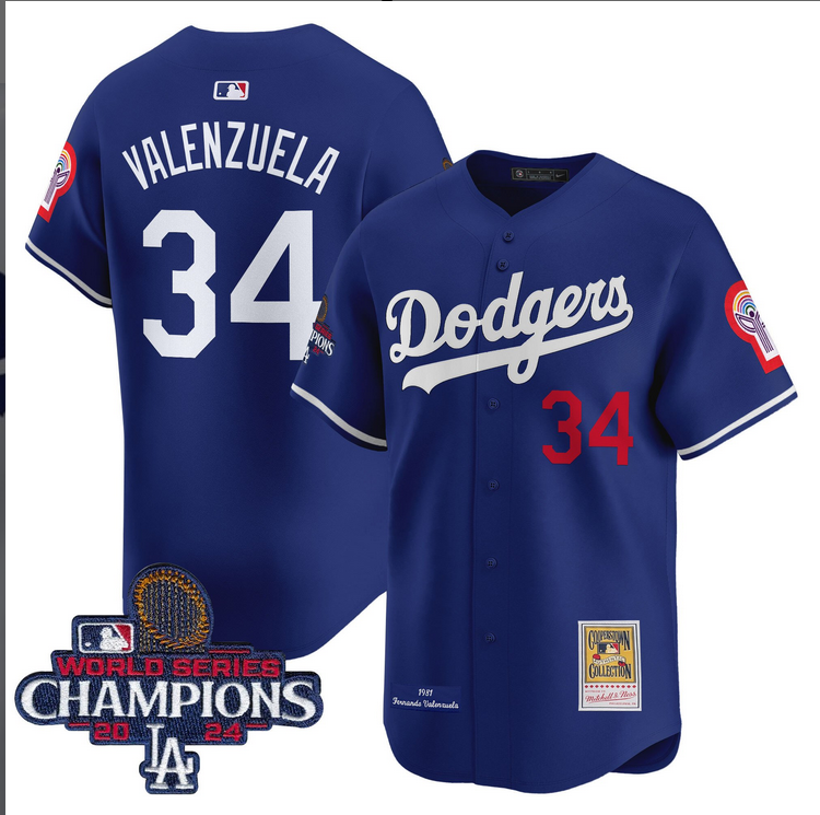 Men MLB Los Angeles Dodgers #34 Valenzuela blue 2024 World Series Champions Patch Cooperstown Jersey